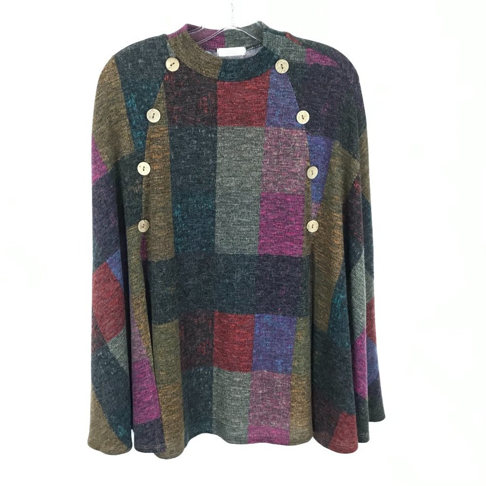 Womens Size Small Oddi Multicolor Patchwork Look Pullover Knit Poncho Sweater